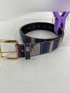 Western Plaid Belt Gold Leather Buckle Studded Trim Rodeo Cowgirl Size M/L
